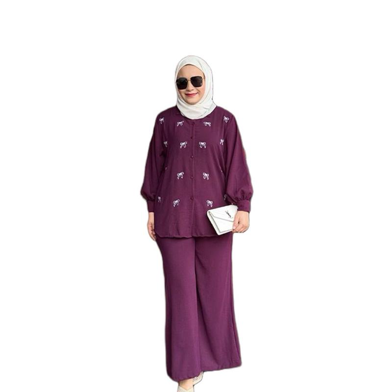 Women 2 Piece Set Bow Pattern Blouse & Pants Cooling Material Everyday Wear Ideal Casual Outings Suits Clothes, Top eid outfit abaya modern