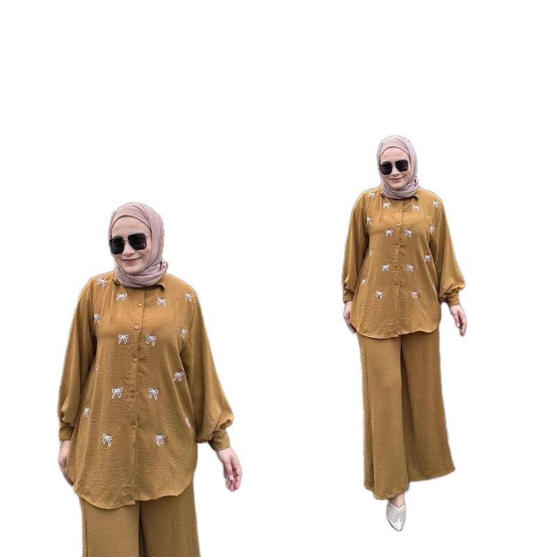 Women 2 Piece Set Bow Pattern Blouse & Pants Cooling Material Everyday Wear Ideal Casual Outings Suits Clothes, Top eid outfit abaya modern