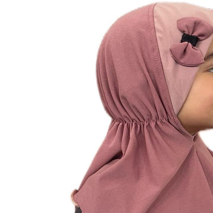 Cute Ribbon Bow Pink Instant One Piece Pull-On Kids Hijab - Super Comfy for Daily Use, Available in 3 Different Sizes