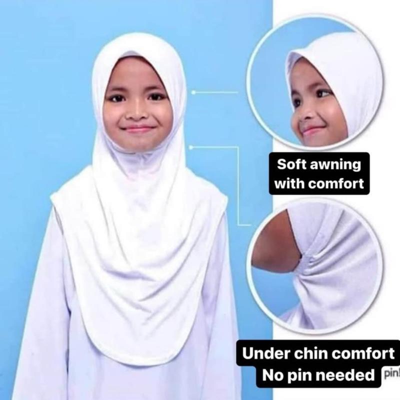 Kids White Instant One Piece Pull-On School and Sports Hijab with Soft Awning , No Pin Necessary for extra comfort