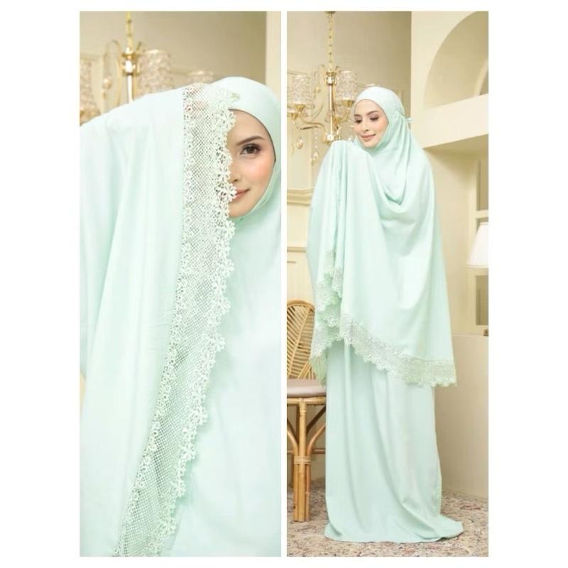 Prayer Clothes for Muslim Women - 2 Pcs Dress & Headscarf Set with Lace Detailing Modest