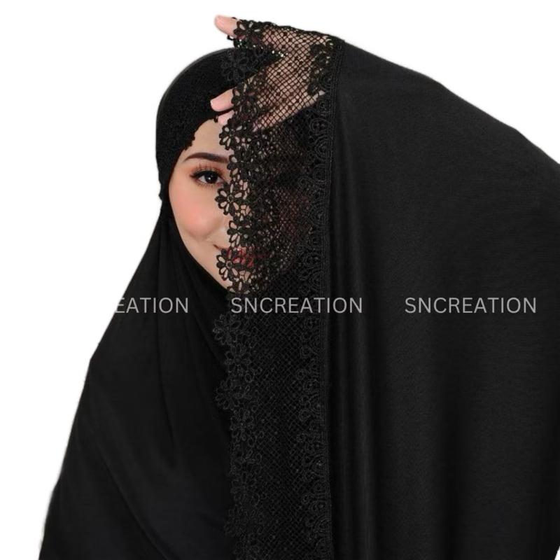 Prayer Clothes for Muslim Women - 2 Pcs Dress & Headscarf Set with Lace Detailing Modest