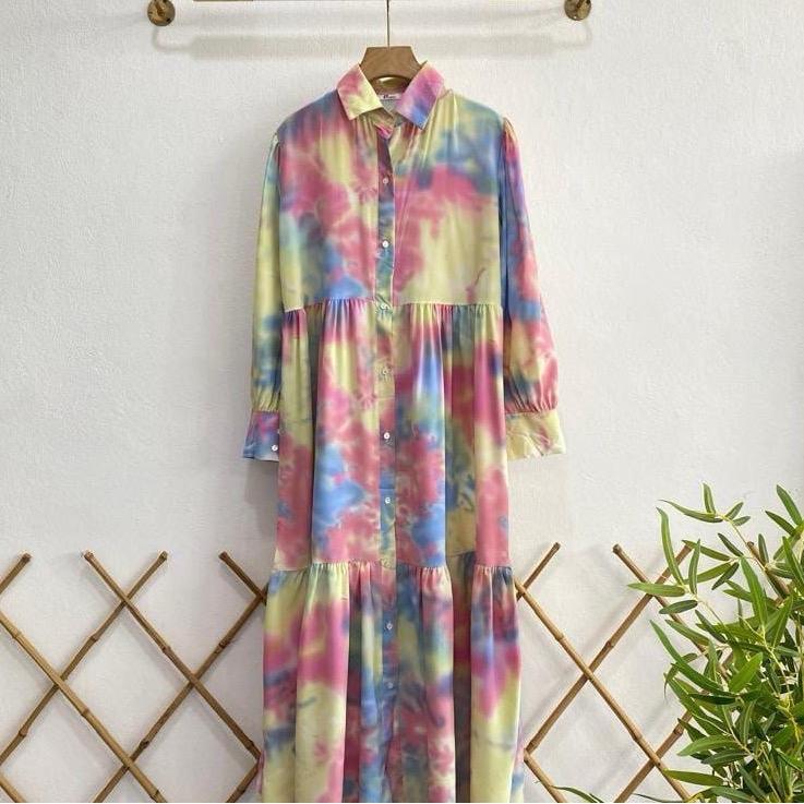 Spring Modest Dress Casual Wear with Button Front, Versatile Tie Dye Design, Comfortable for Women fashion dress long maxi summer dress