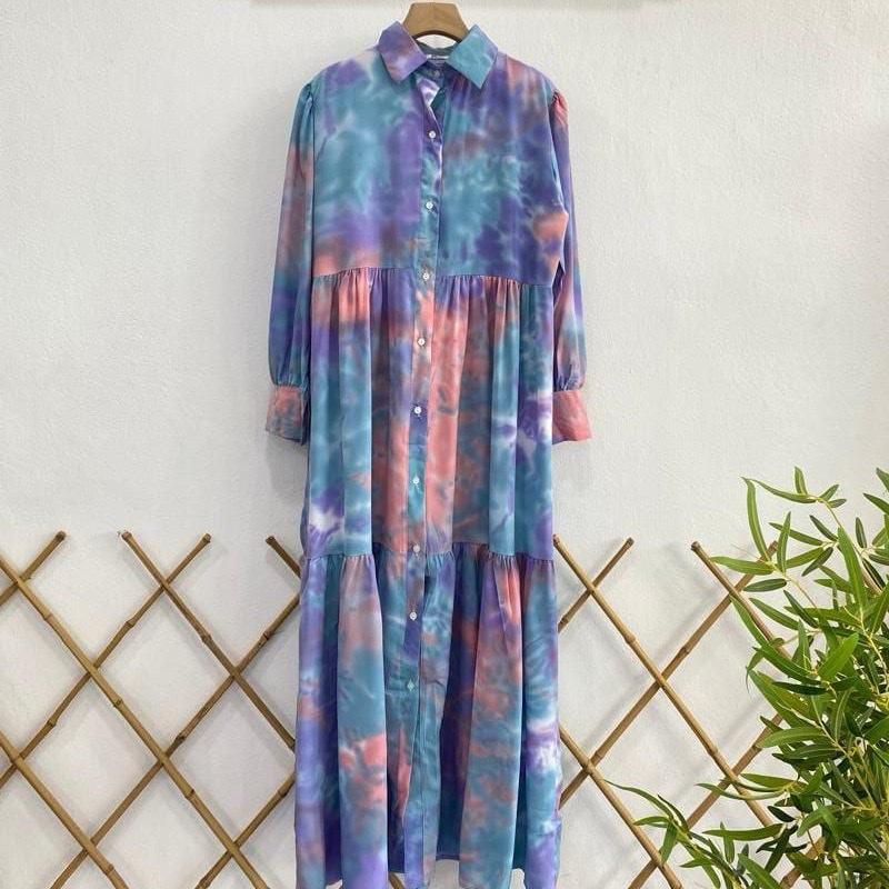 Spring Modest Dress Casual Wear with Button Front, Versatile Tie Dye Design, Comfortable for Women fashion dress long maxi summer dress