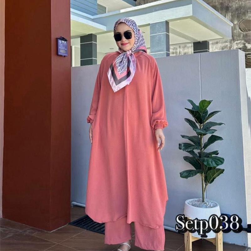 Tasnym Women's Zipper Long Ironless 2 Pieces set Outfit Set Abaya Style with Pants