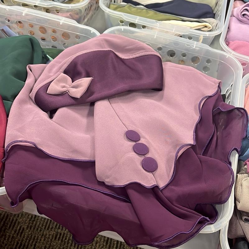 Kids Instant One Piece Bow and Button Hijab Flowy Comfortable Material for Everyday Wear in Purple instant hijab