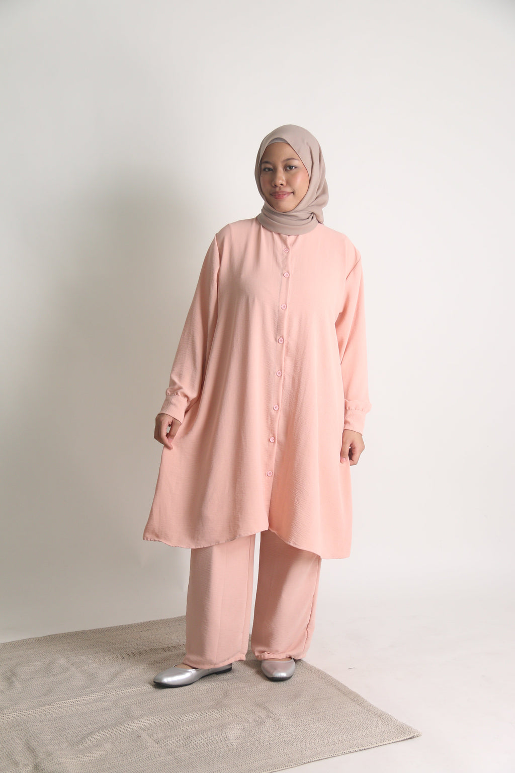 Women's Ironless 2 Pieces Suit Outfit Long Set Cey Crepe (Peach)