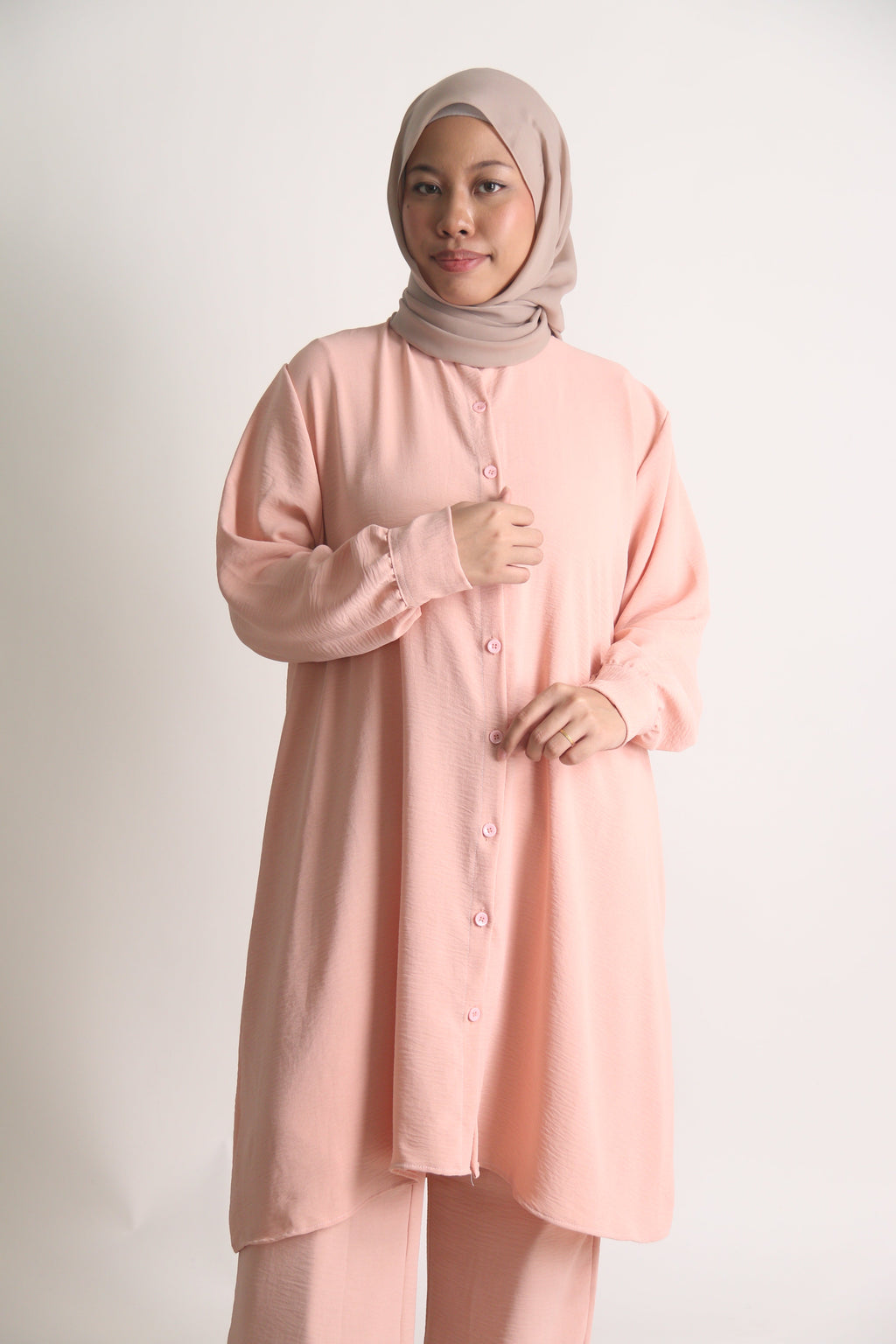 Women's Ironless 2 Pieces Suit Outfit Long Set Cey Crepe (Peach)