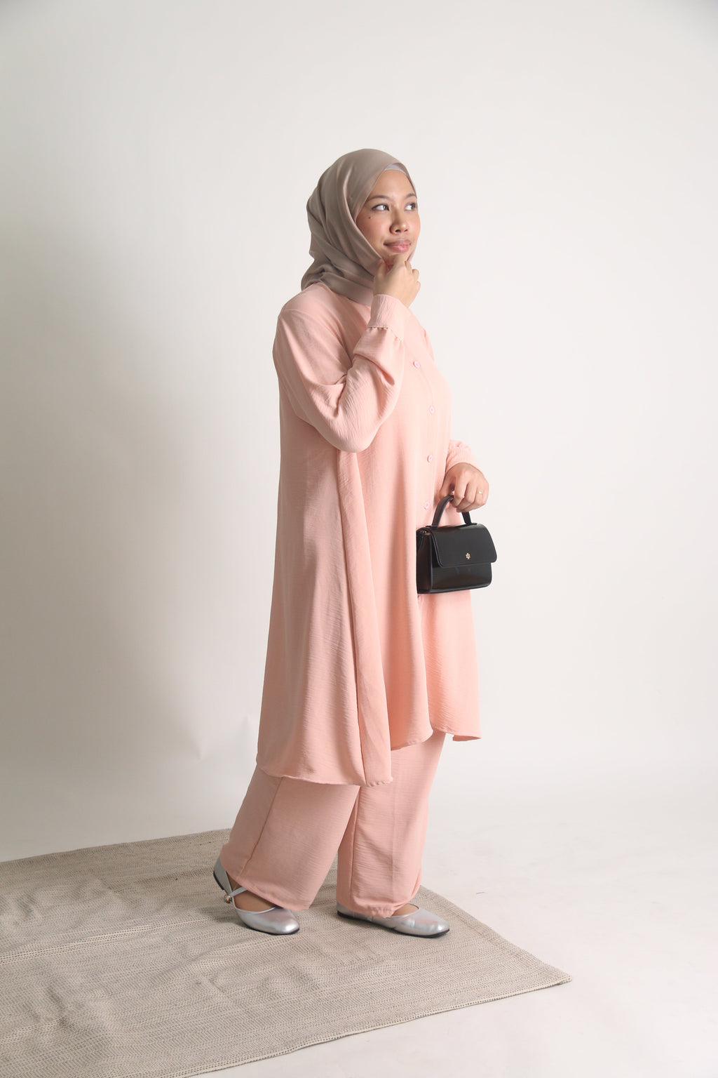 Women's Ironless 2 Pieces Suit Outfit Long Set Cey Crepe (Peach)