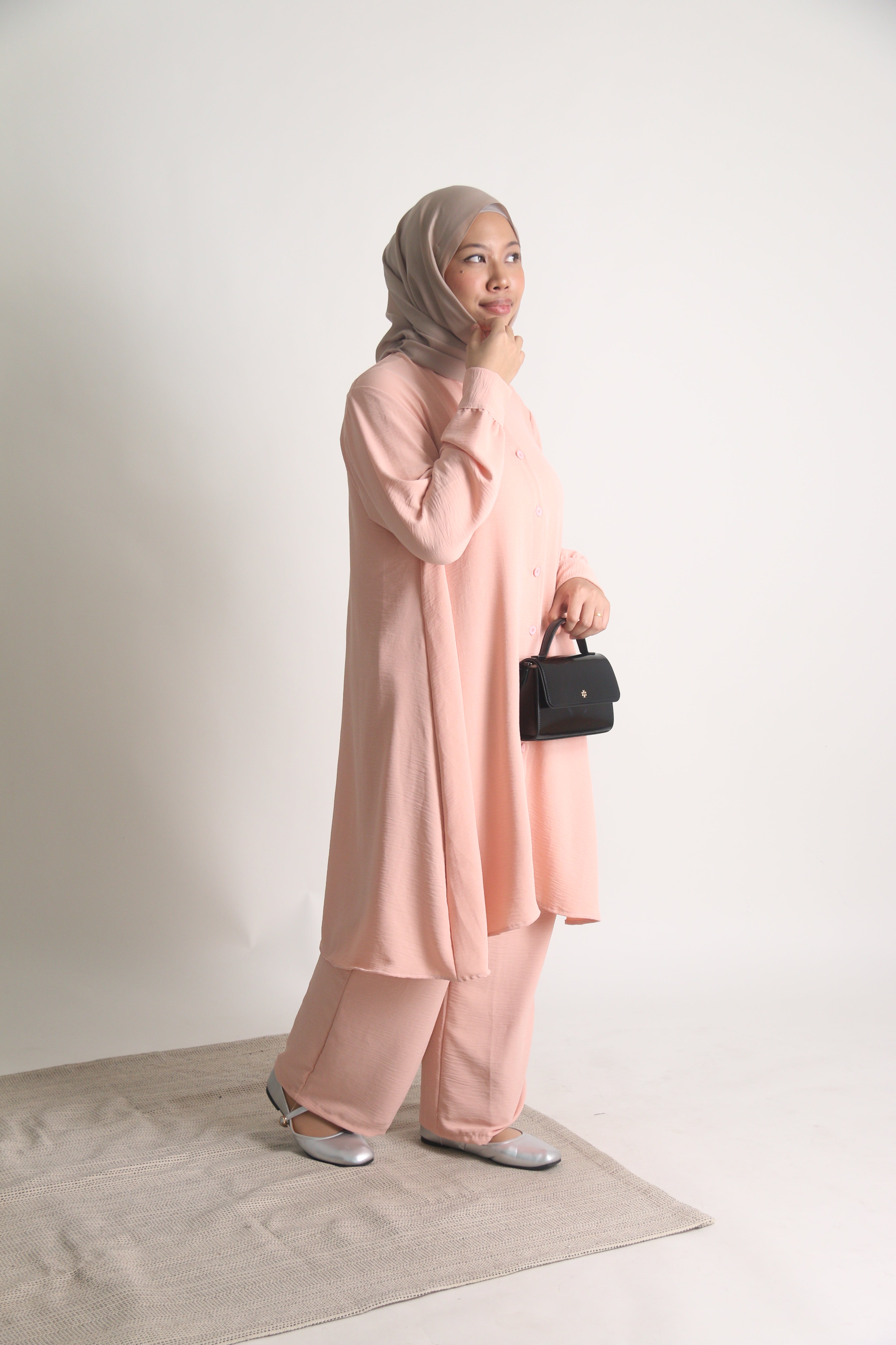 Women's Ironless 2 Pieces Suit Outfit Long Set Cey Crepe (Peach)