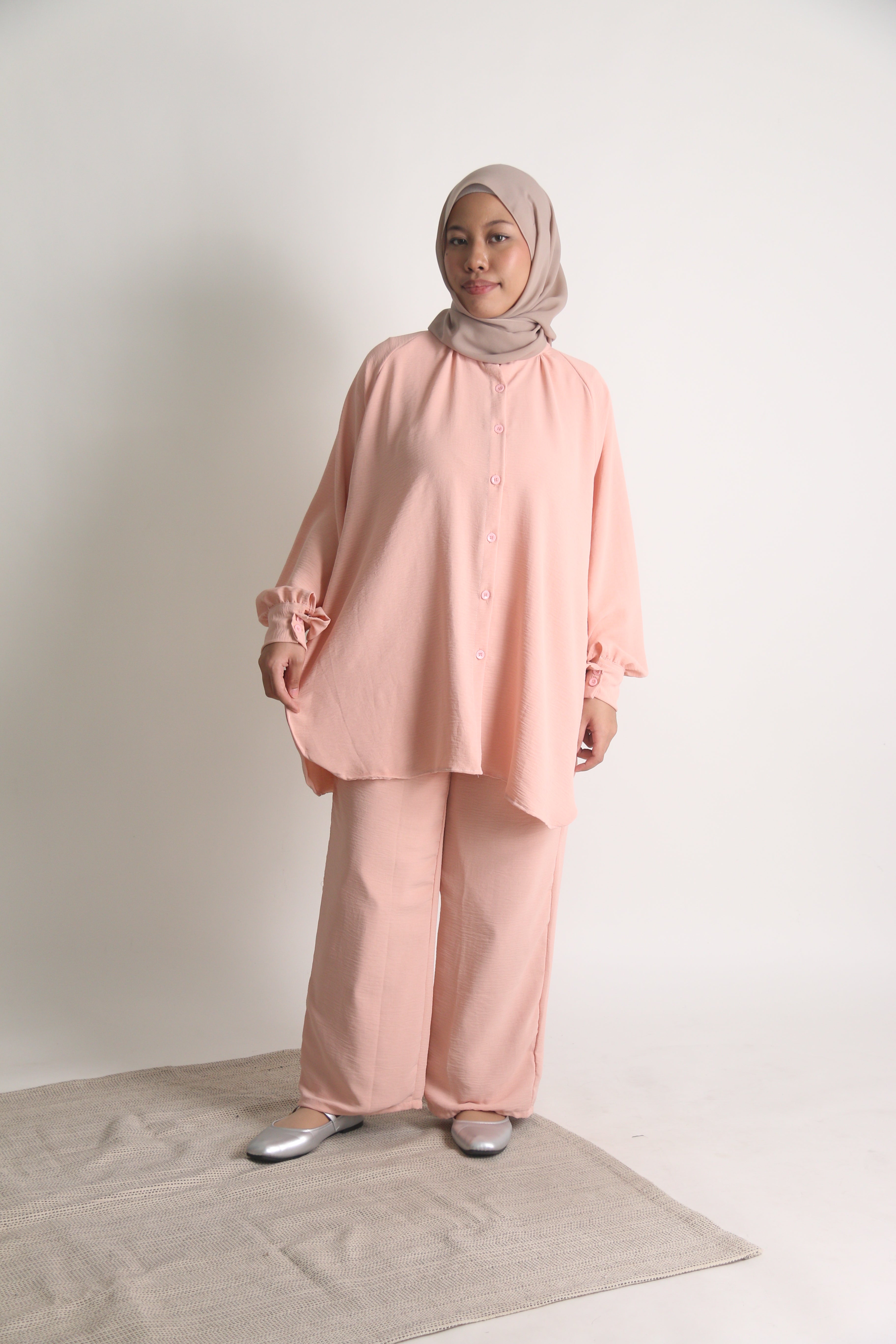 Women's Ironless 2 Pieces Suit Outfit Set Cey Crepe (Peach)