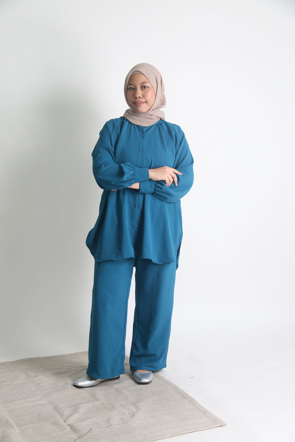 Women's Ironless 2 Pieces Suit Outfit Set Cey Crepe (Teal)