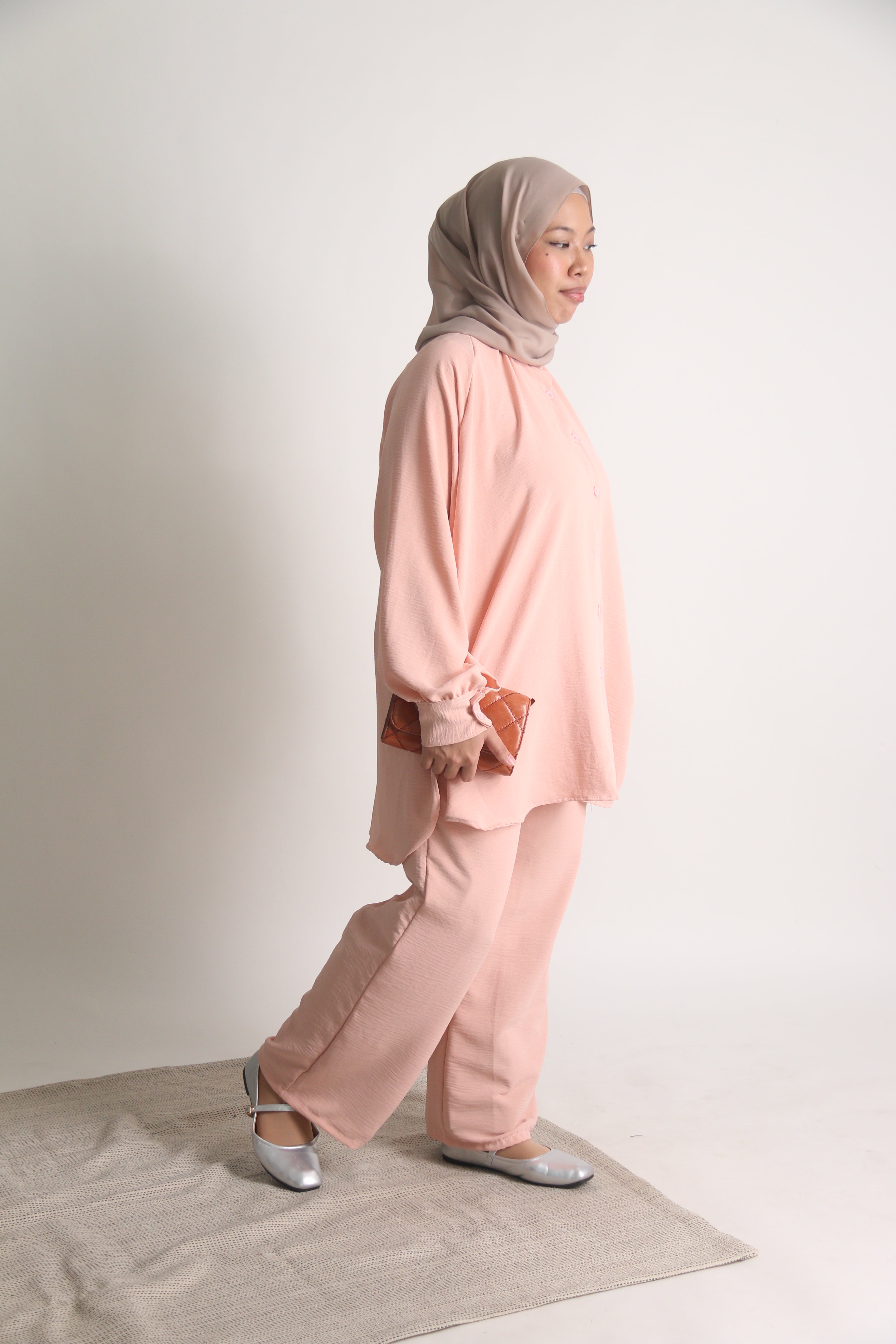 Women's Ironless 2 Pieces Suit Outfit Set Cey Crepe (Peach)