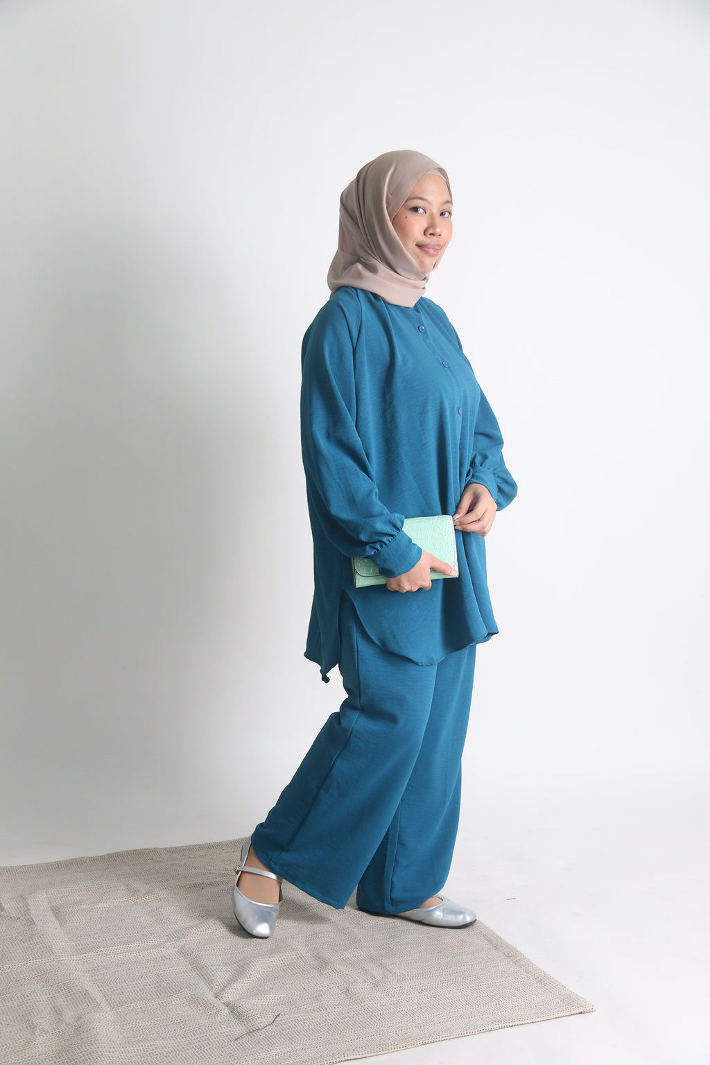 Women's Ironless 2 Pieces Suit Outfit Set Cey Crepe (Teal)