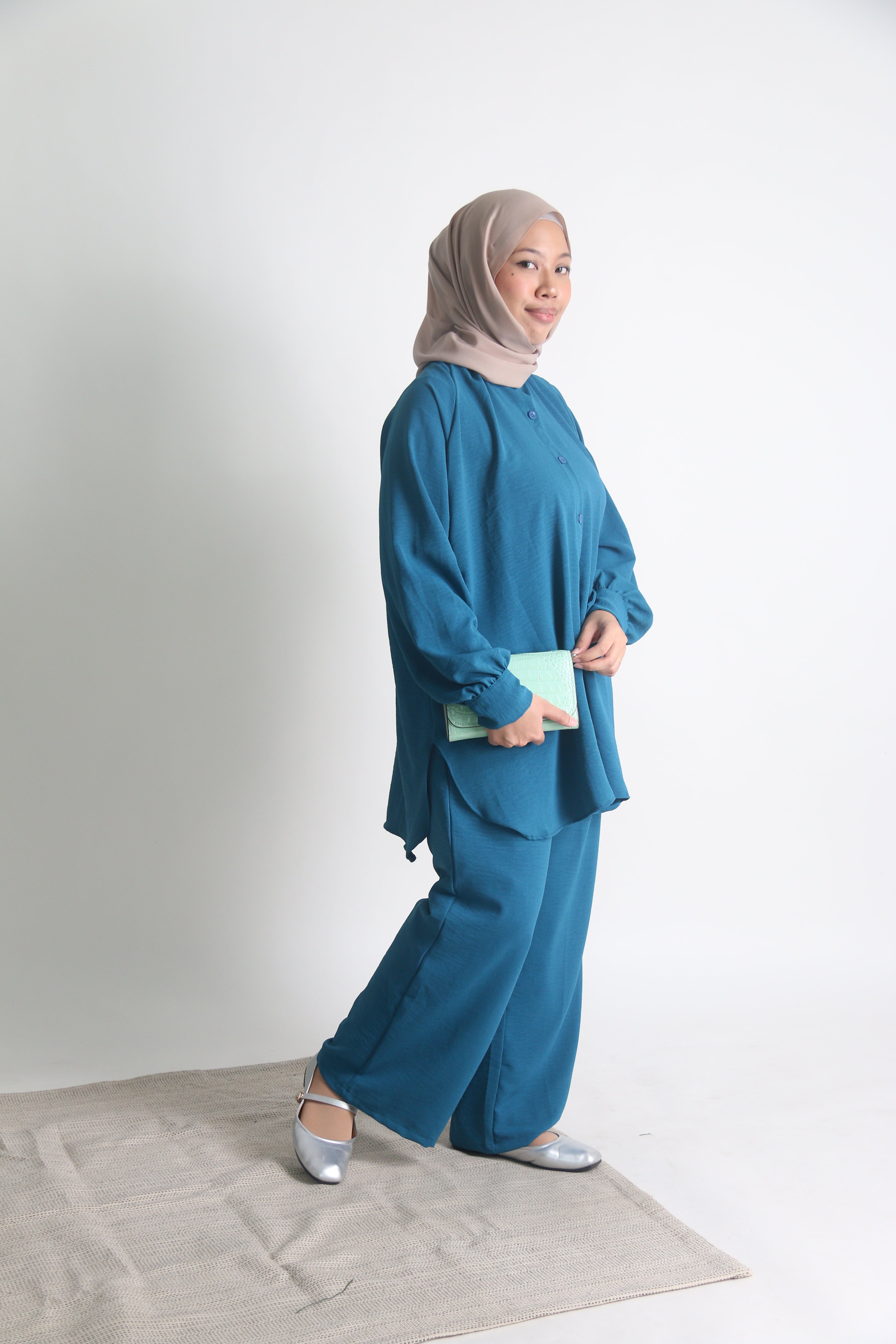 Women's Ironless 2 Pieces Suit Outfit Set Cey Crepe (Teal)