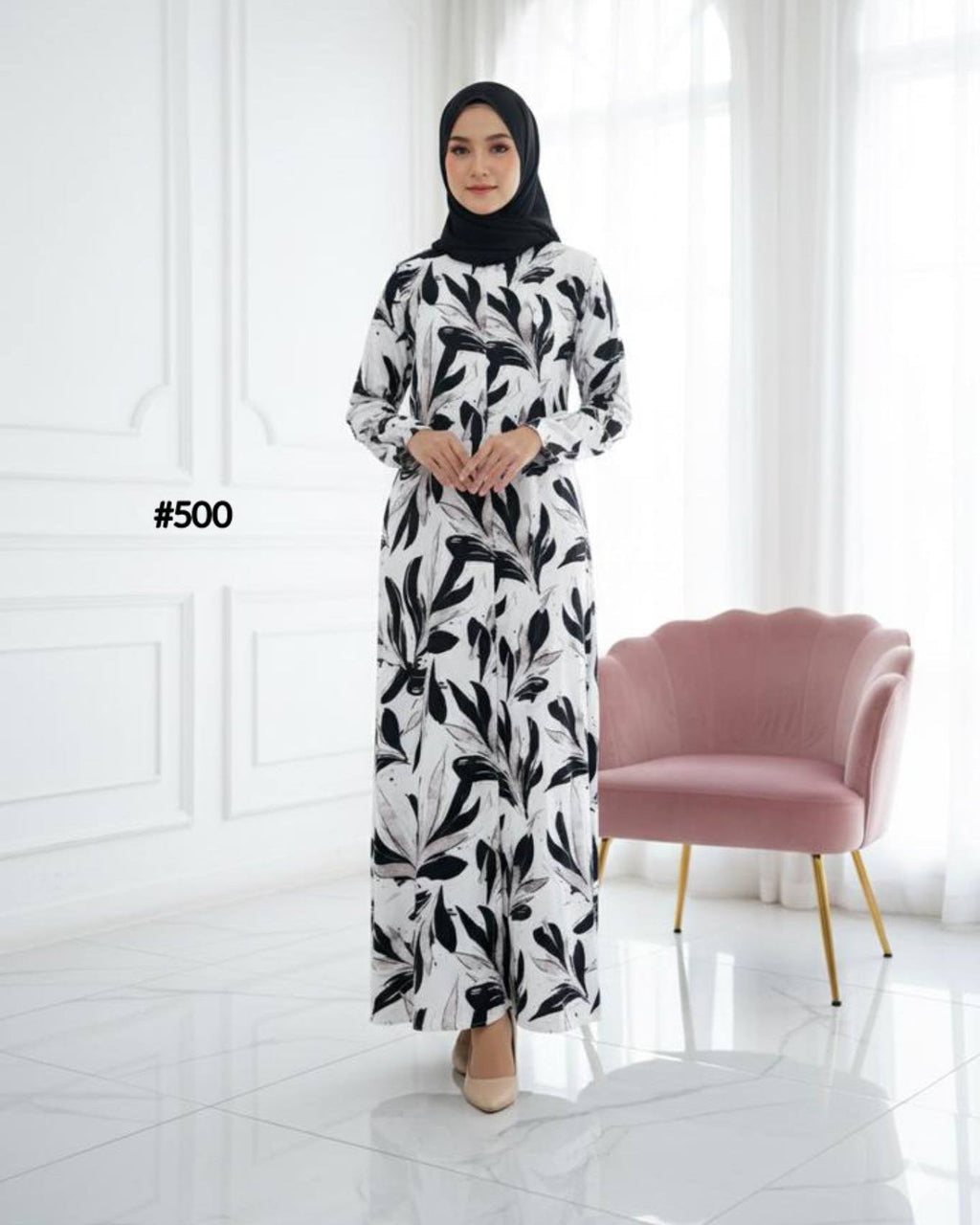 Abaya Leafy Kaftan Printed Style (Black)