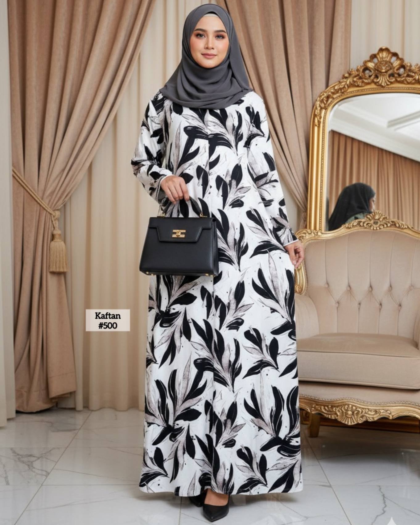 Abaya Leafy Kaftan Printed Style (Black)