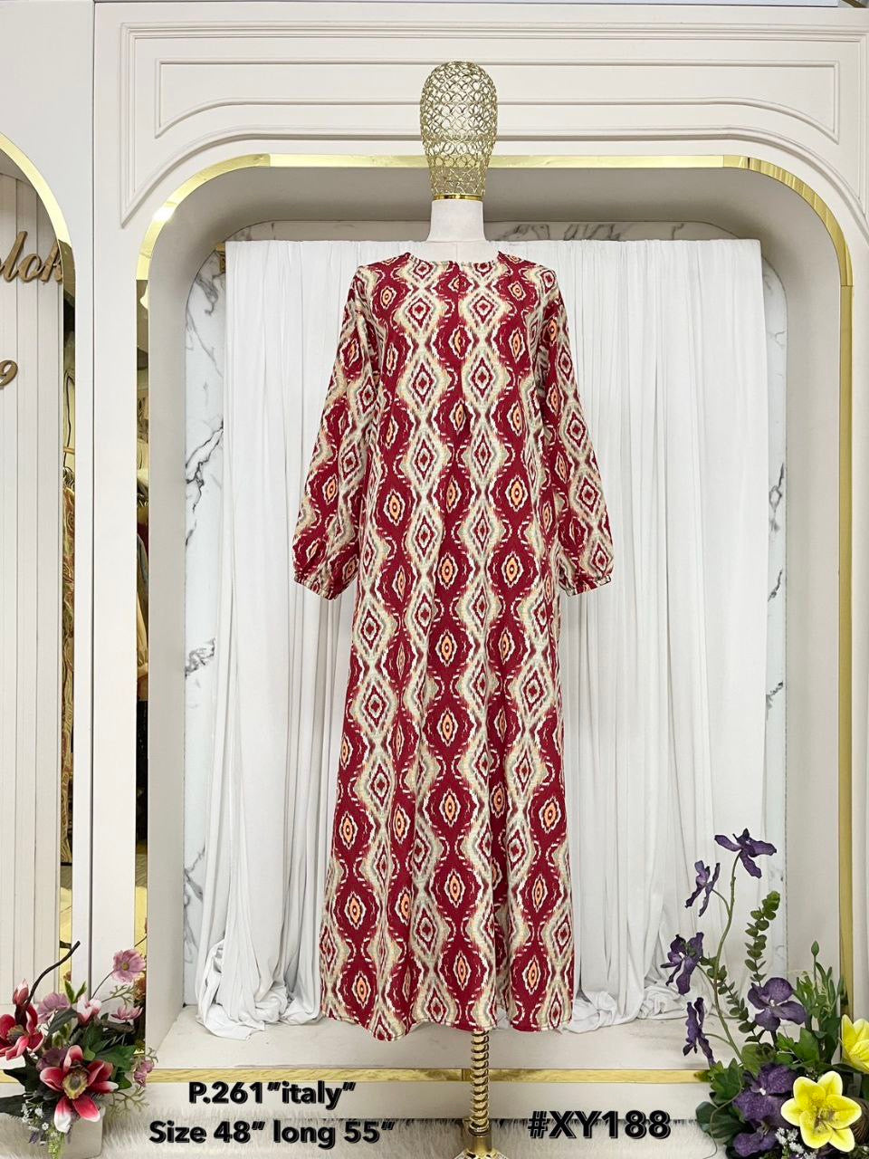 Yaafa Modest Abaya Malaysian Batik Print with front zipper (Dark Red)