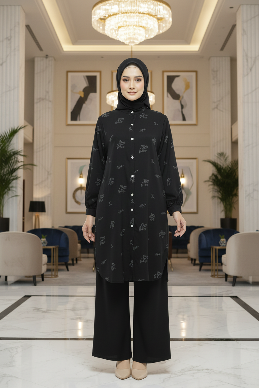 Hayfa Women's Floral Printed Button Medium length 2 Pieces Co-Ords set (Black)