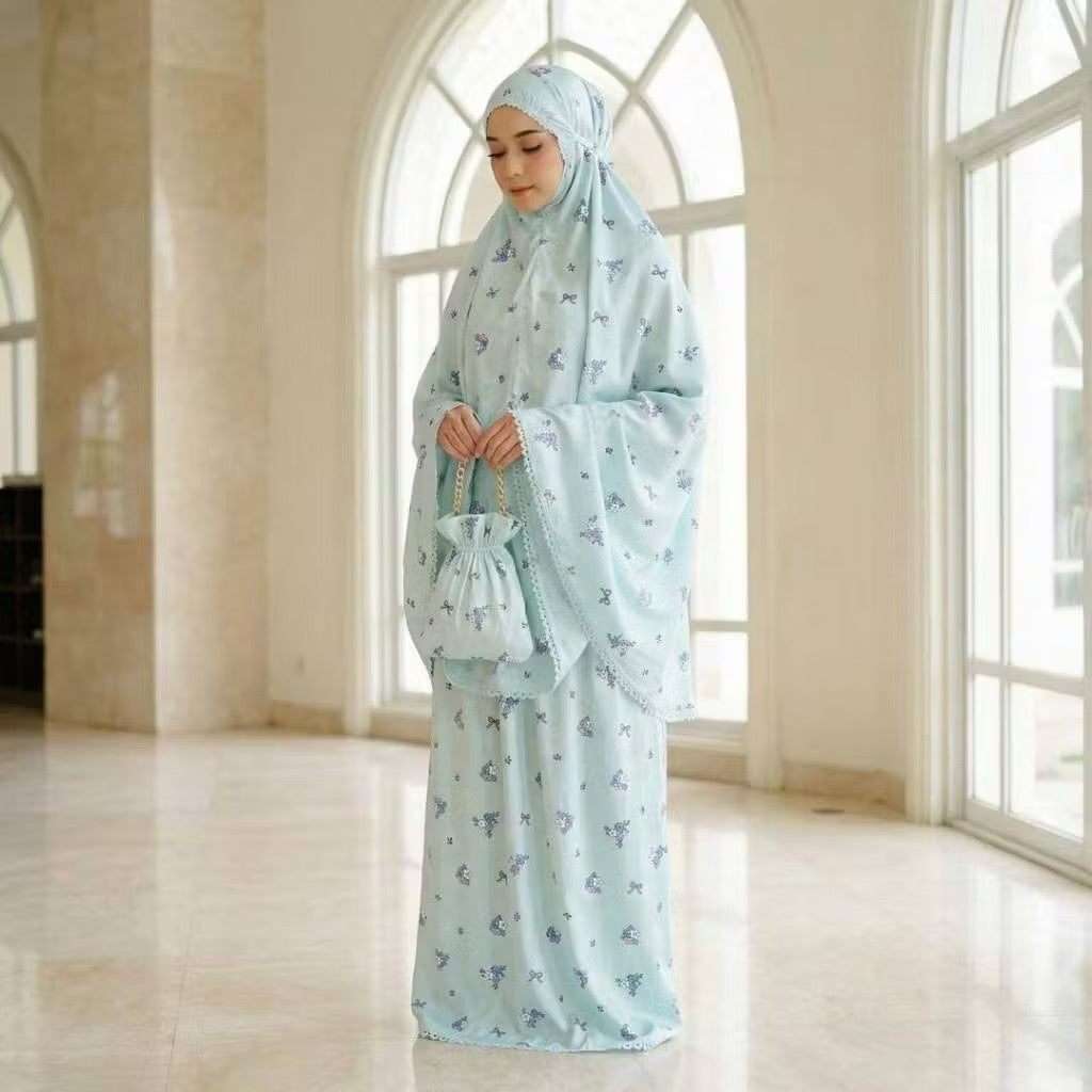 2 Pieces Telekung Prayer Clothes Satin Jacquard