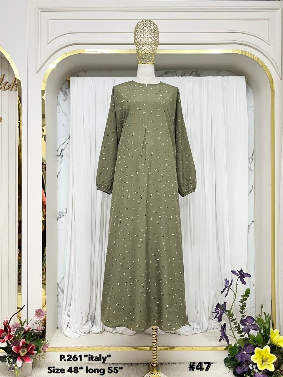 Jenin Modest Abaya Floral Print with front zipper Italian crepe (Sage Green)