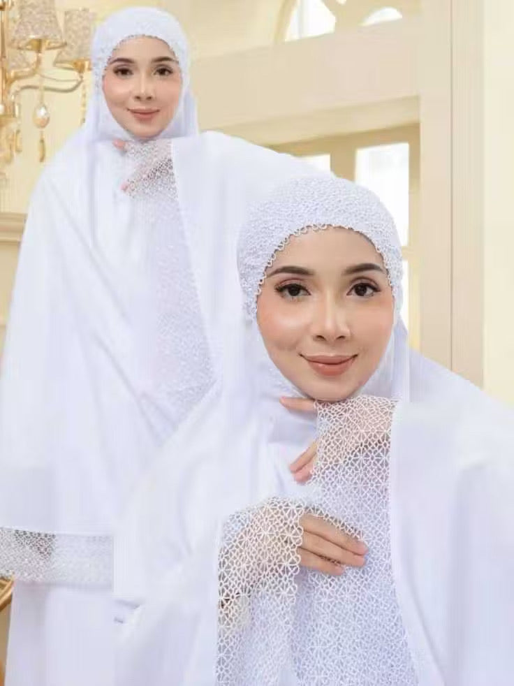 Prayer Clothes for Muslim Women - 2 Pcs Dress & Headscarf Set with Lace Detailing Modest