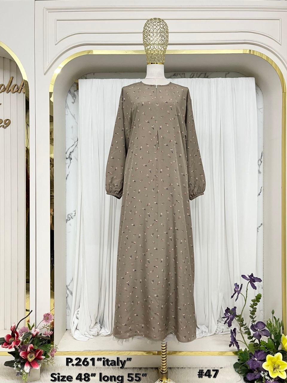 Jenin Modest Abaya Floral Print with front zipper Italian crepe (Grey)