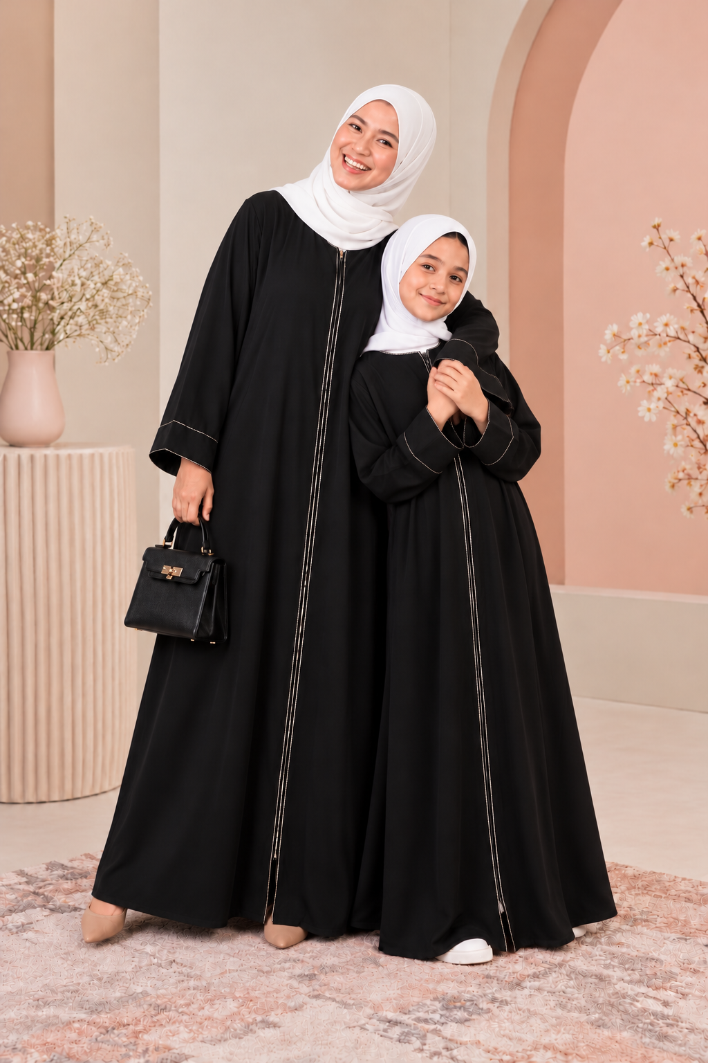 Mom & daughter Aeisha Essential Classic daily zipped - fully opened front abaya
