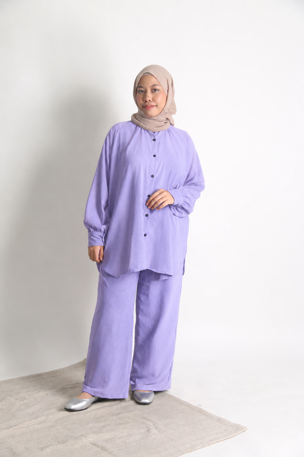 Kawthar Women's Button Short Ironless 2 Pieces Outfit Set (Light purple)