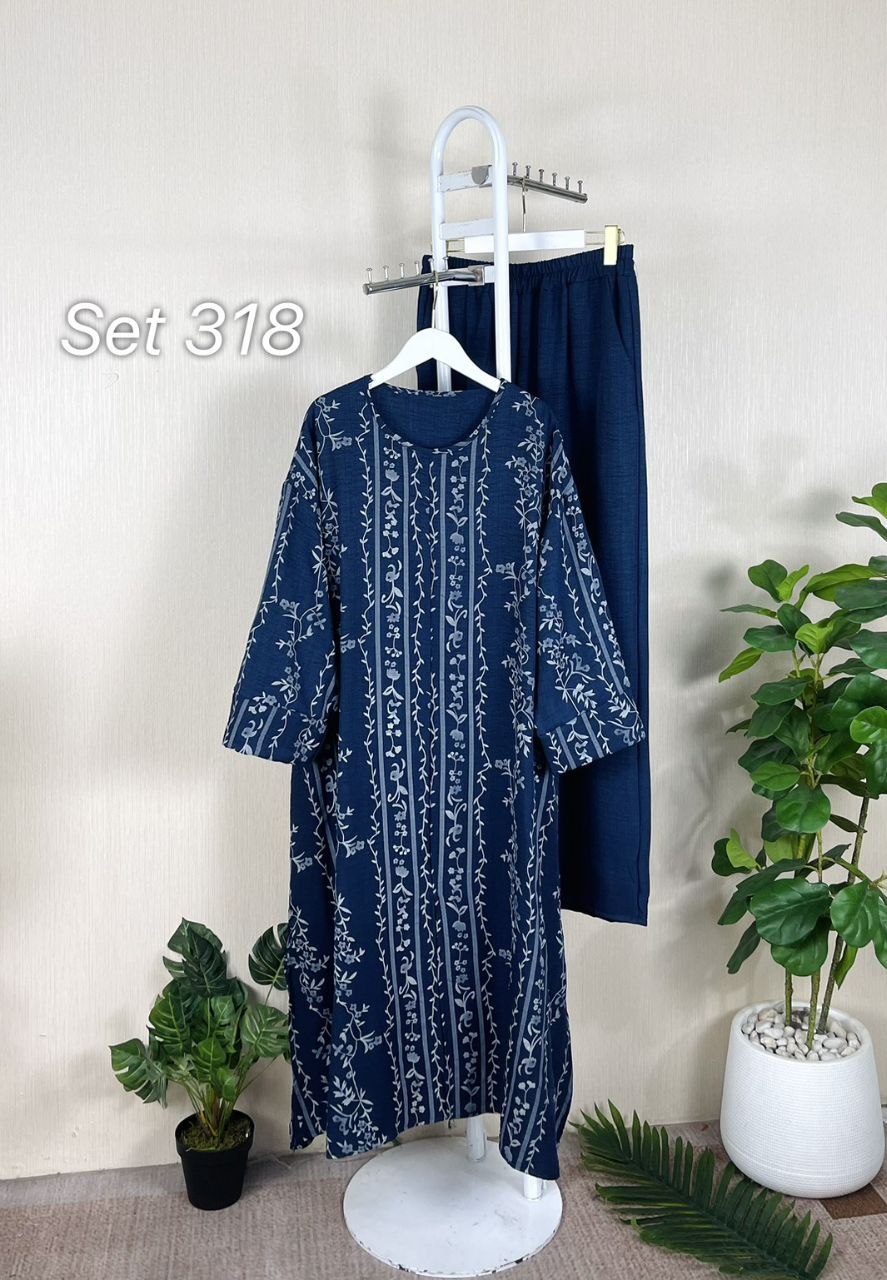 Hawra Printed Top with Pants Navy Blue