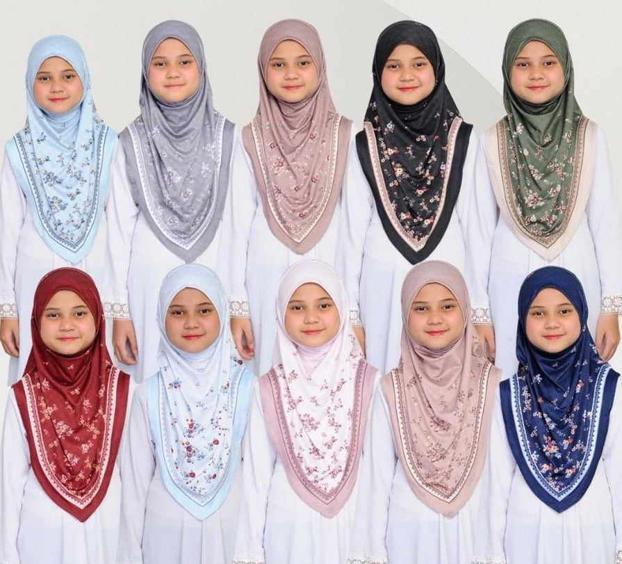 V Shape Instant Pull On Floral Print Kids Hijab