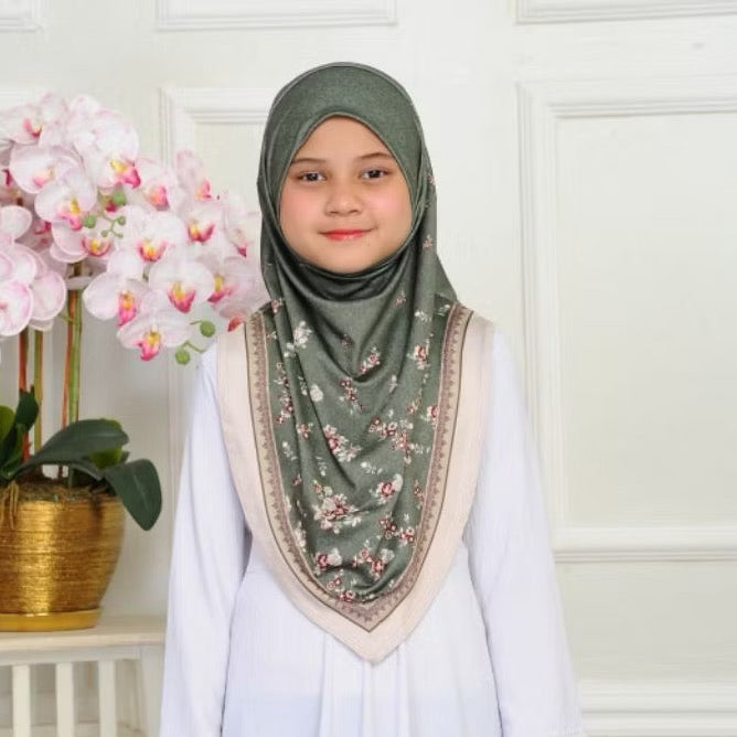 V Shape Instant Pull On Floral Print Kids Hijab