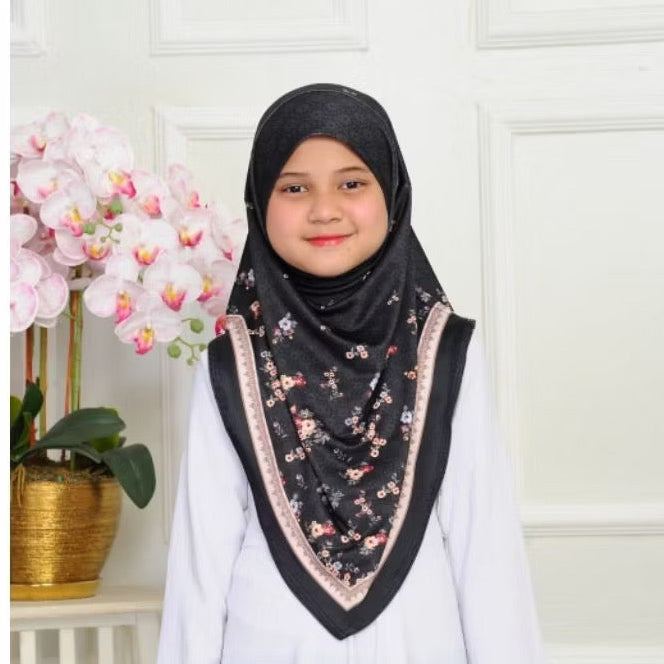 V Shape Instant Pull On Floral Print Kids Hijab