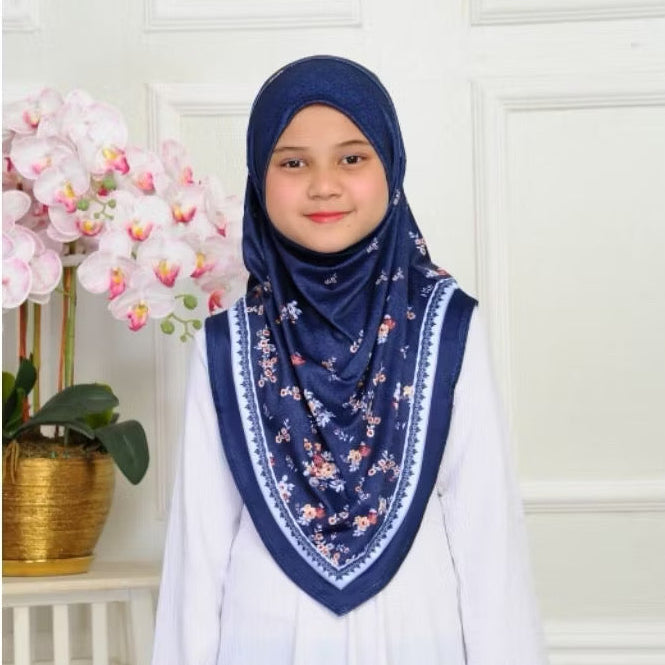 V Shape Instant Pull On Floral Print Kids Hijab