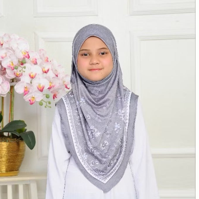 V Shape Instant Pull On Floral Print Kids Hijab