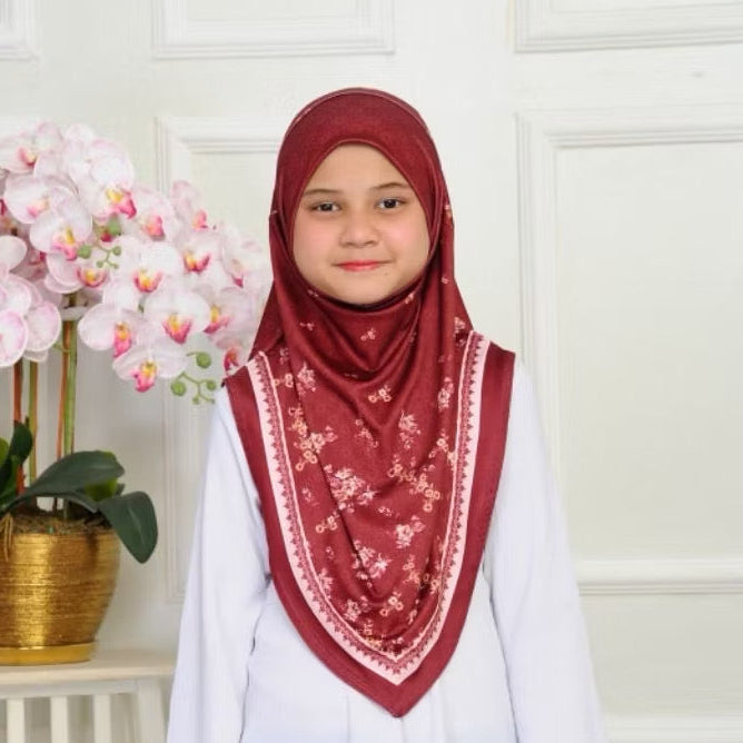 V Shape Instant Pull On Floral Print Kids Hijab