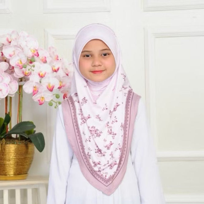 V Shape Instant Pull On Floral Print Kids Hijab