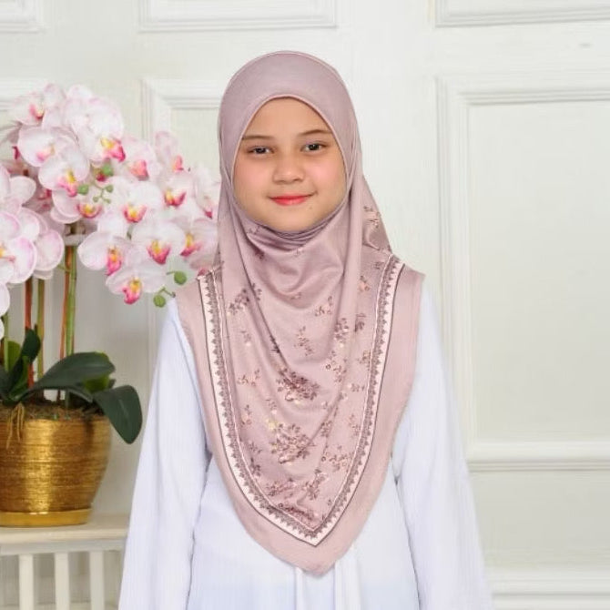 V Shape Instant Pull On Floral Print Kids Hijab