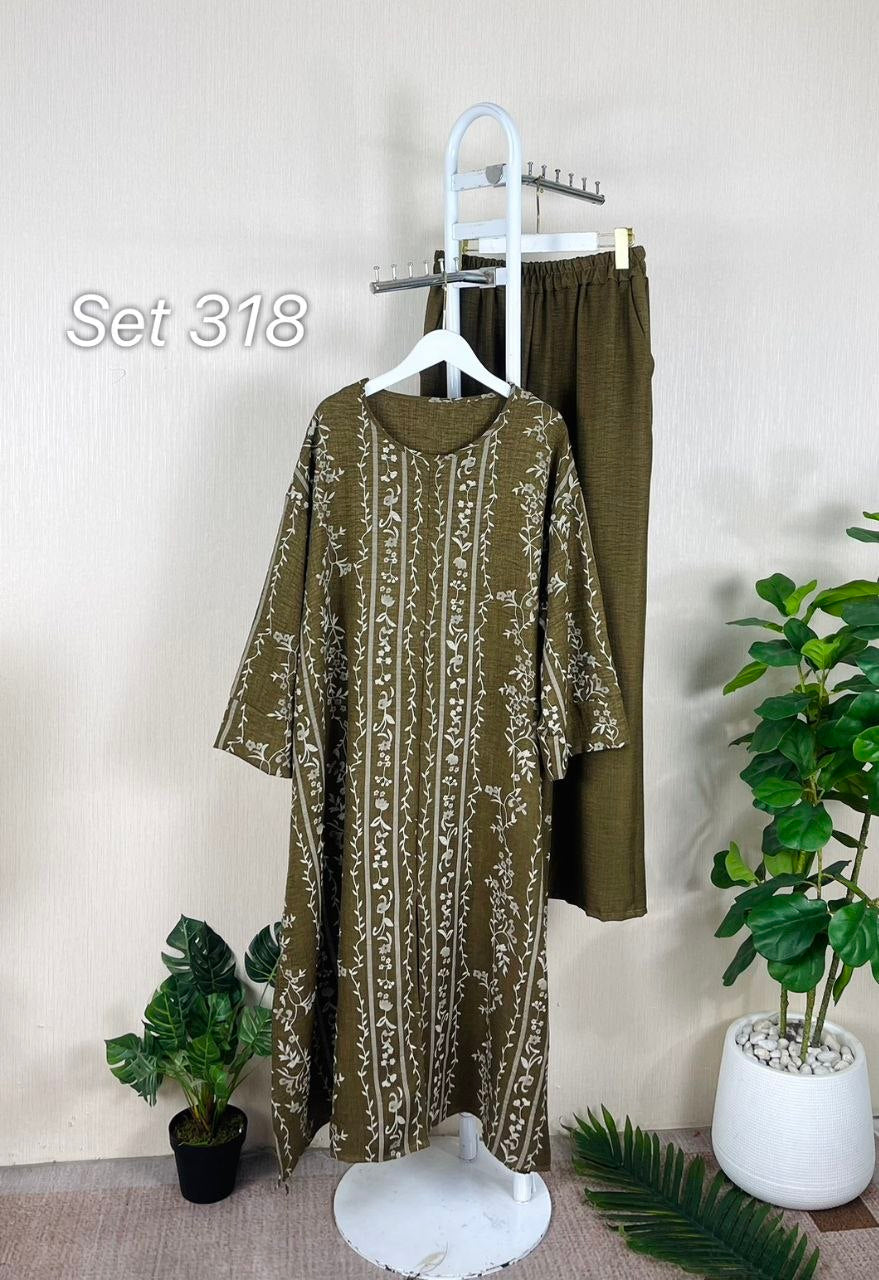 Hawra Printed Top with Pants Light olive