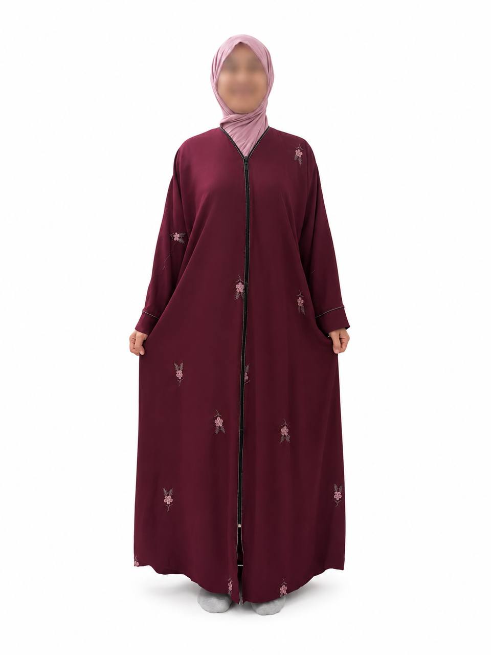 Islamic Modest Floral Embroidered Zip Front open Abaya for Women with beadworks - Maroon