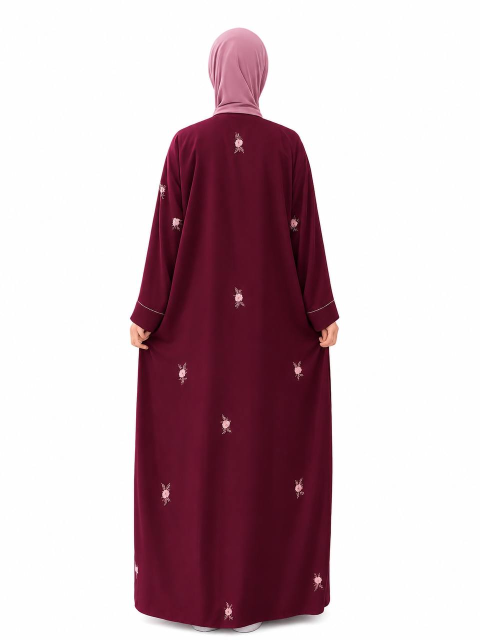 Islamic Modest Floral Embroidered Zip Front open Abaya for Women with beadworks - Maroon