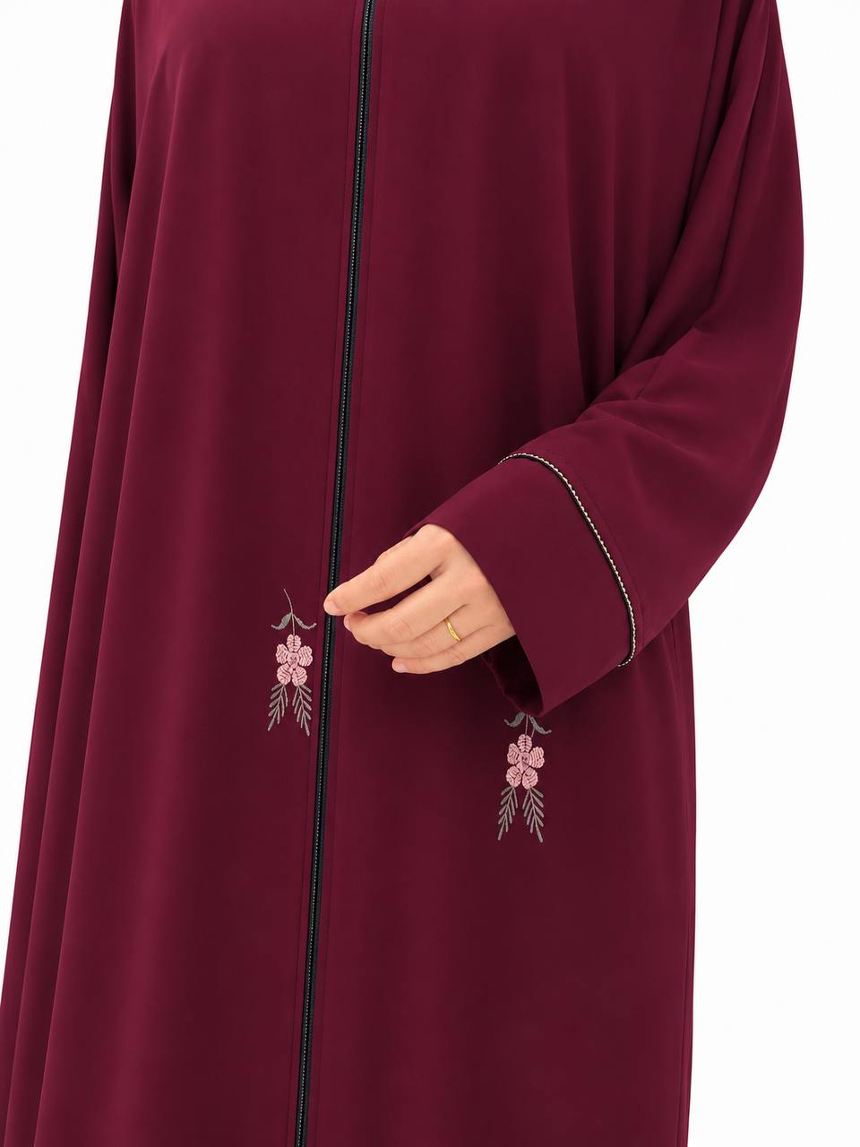 Islamic Modest Floral Embroidered Zip Front open Abaya for Women with beadworks - Maroon