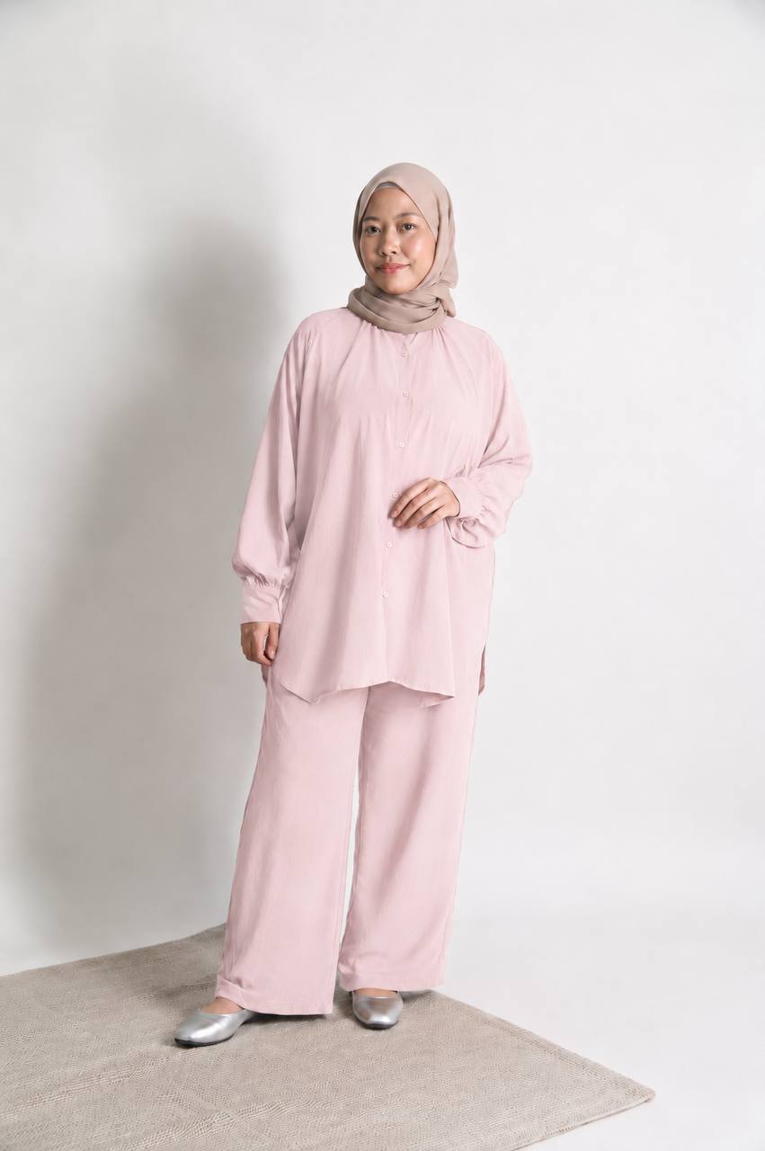 Kawthar Women's Button Short Ironless 2 Pieces Outfit Set (Baby Pink)
