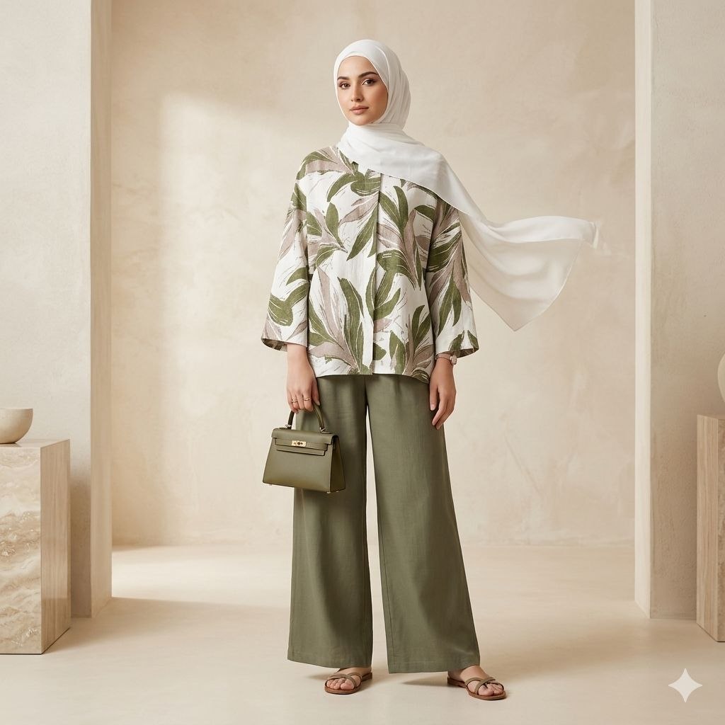 AlBeereh Women's Modest Cotton Linen 2 Piece Suit | Botanical Leaf Print Co-Ord Set for Work & Casual Wear Sage green