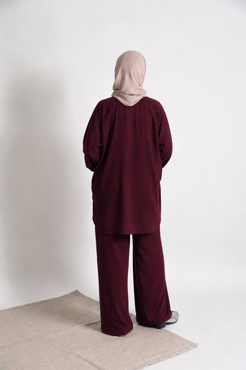 Kawthar Women's Button Short Ironless 2 Pieces Outfit Set (Dark Maroon)