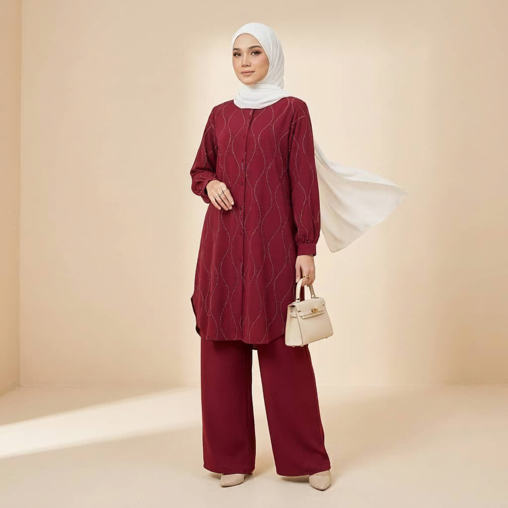Ummul Fahm Women's Medium Length 2 Piece Co-Ord Set with Beadwork (Red)