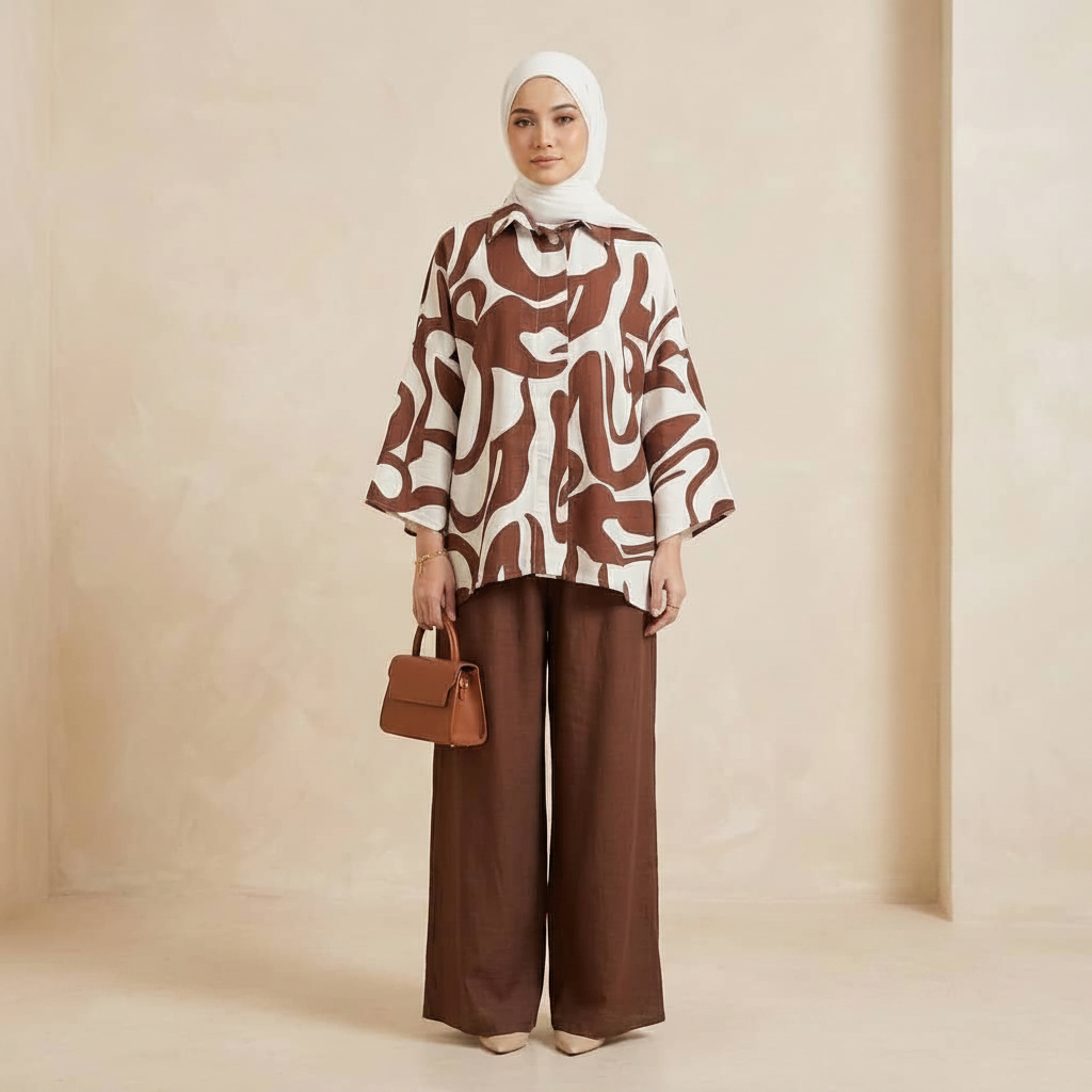 A woman wearing a brown and white abstract patterned blouse, brown wide-leg pants, and a white hijab stands against a beige studio wall, holding a small brown handbag. Text in the lower right reads 'SET P.