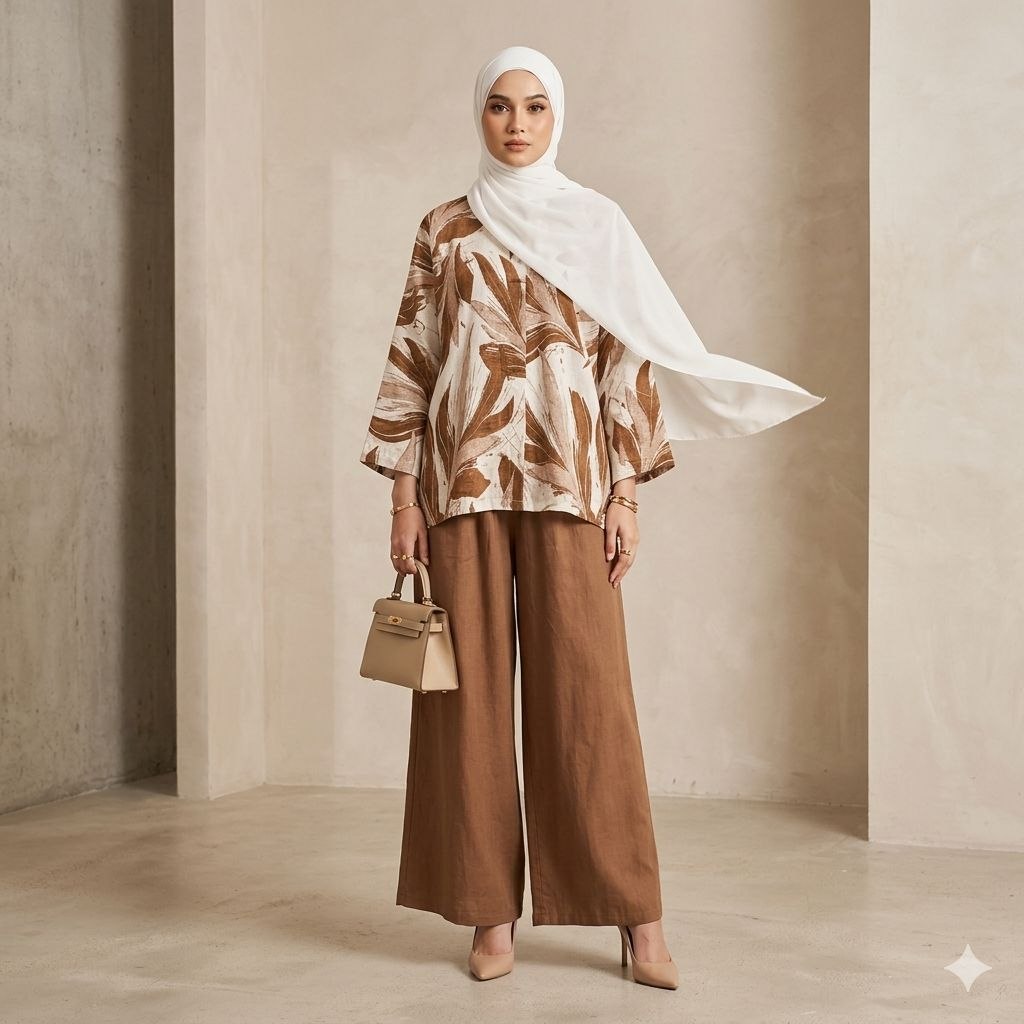 AlBeereh Women's Modest Cotton Linen 2 Piece Suit | Botanical Leaf Print Co-Ord Set for Work & Casual Wear Dark Brown