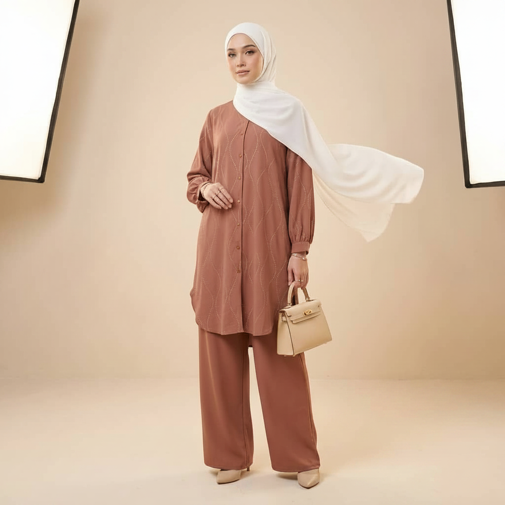 A woman modeling a two-piece modest outfit consisting of a dusty rose button-up tunic and matching wide-leg trousers, styled with a white hijab and a beige handbag. The image is set against a warm beige studio background with softbox lights visible on the sides.