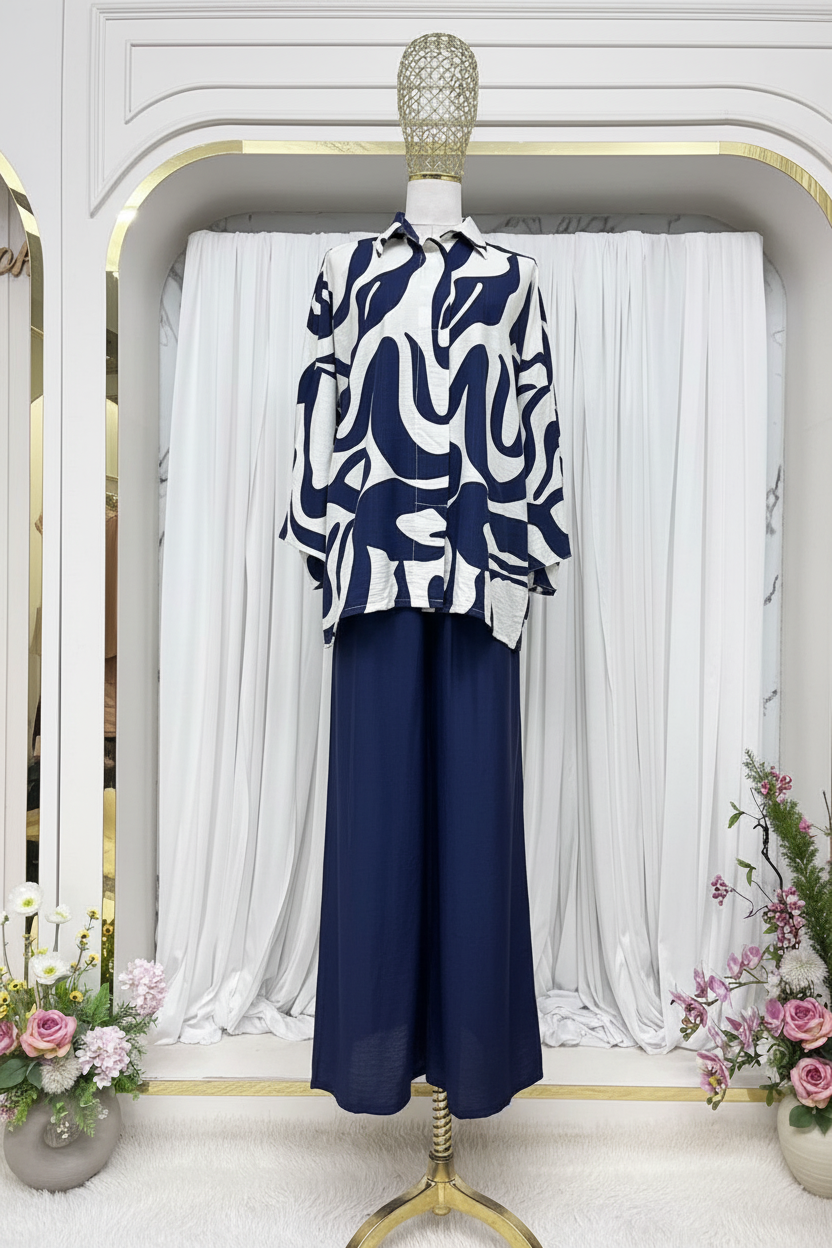 Areeha Women's Modest Cotton Linen 2 Piece Suit | Abstract Artwork Design Co-Ord Set for Work & Casual Wear Navy Blue